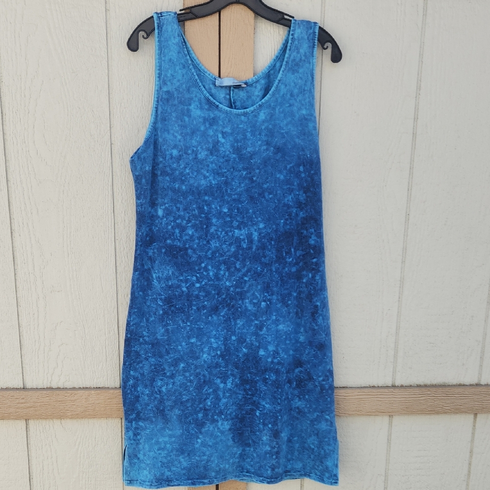Chatoyant Earthy Soft Stretch Tank Dress Mineral Wash Cotton Large Blue Coastal